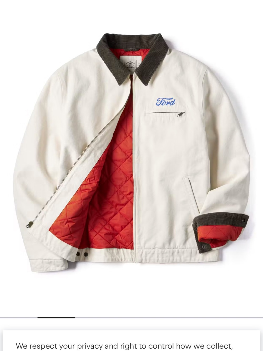 Huckberry x Ford Men's Cream Work Jacket with Quilted Red Lining XL Brand New